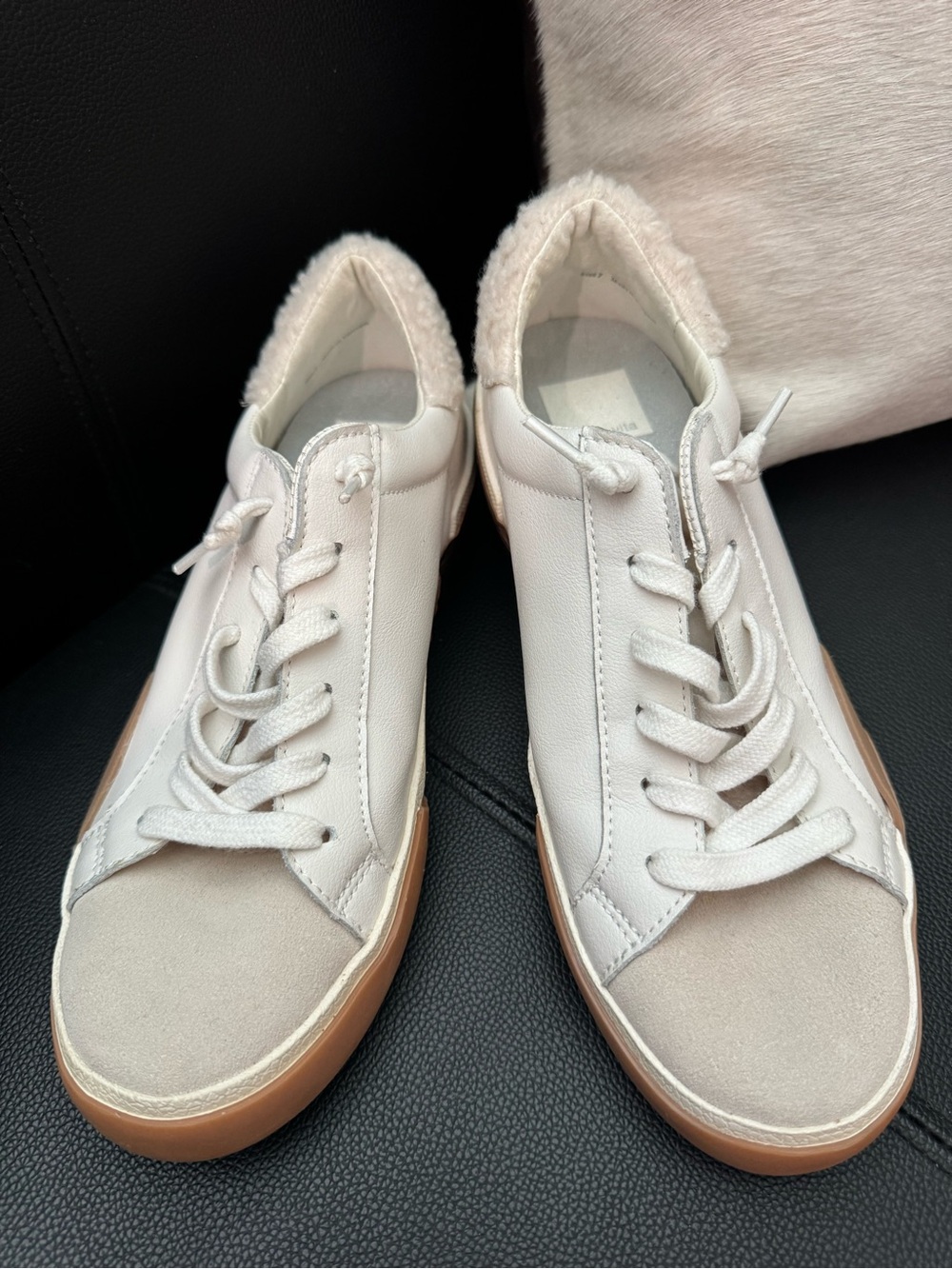 Dolce Vita Ivory Leather Sneakers with Suede and Gold Trim